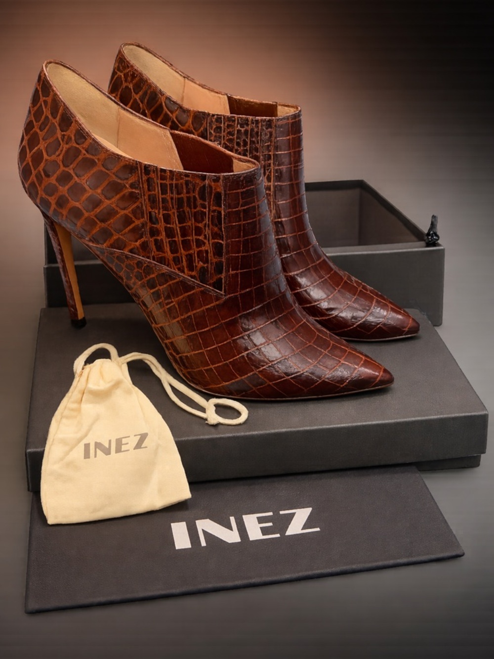 Inez Marisol 90 Cocoa Croco Booties 8.5 W Croc Embossed Leather Stiletto Spain - Picture 2 of 13
